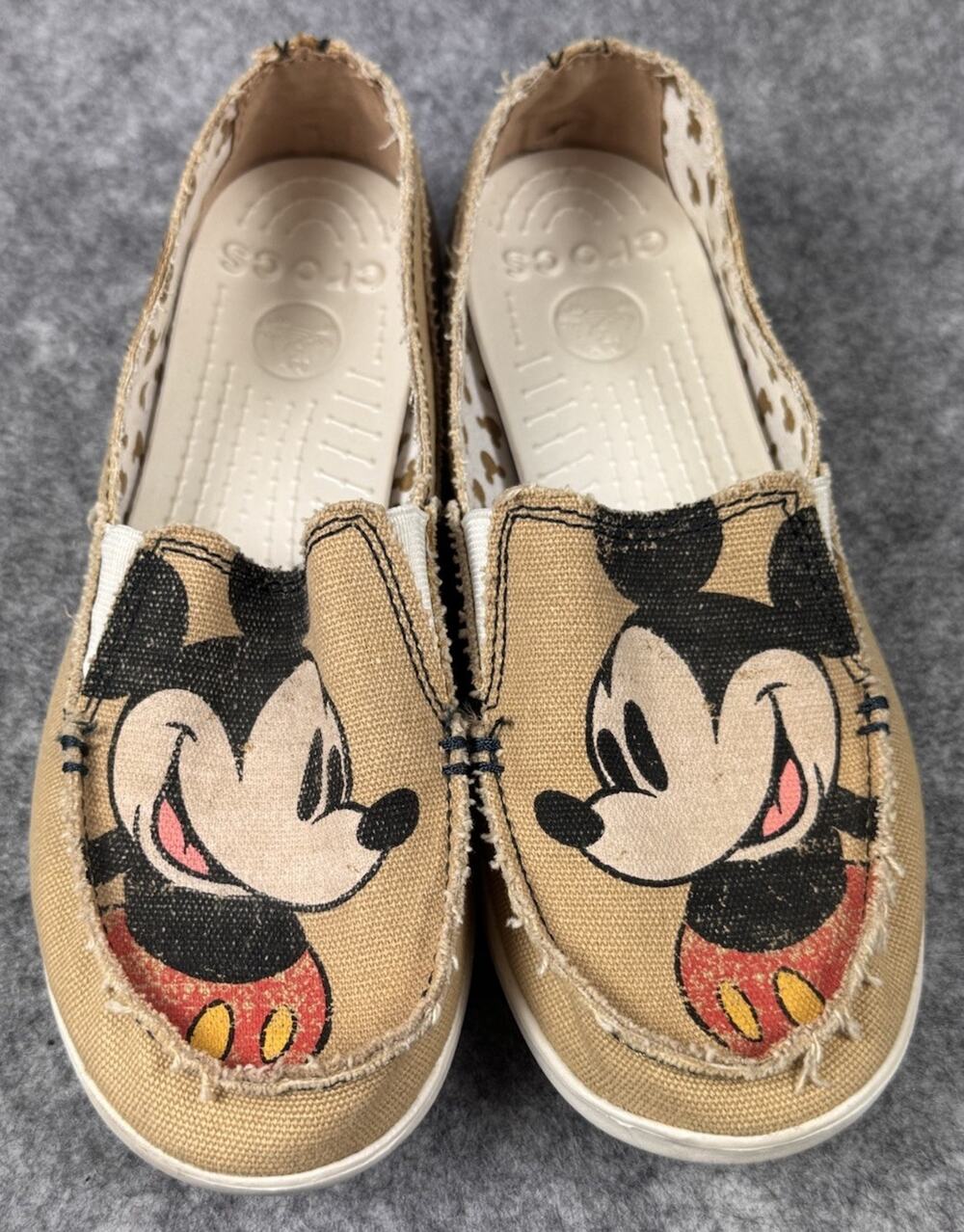 Disney Women's Mickey Mouse Crocs Slip On Canvas Loafer, Tan, Size 7
